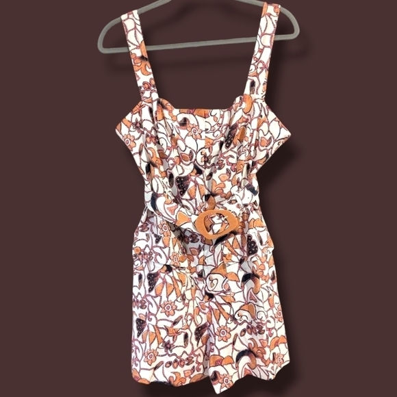 House of Harlow Orange Floral Belted Linen Blend Sleeveless Romper Retro Coastal - Picture 1 of 11